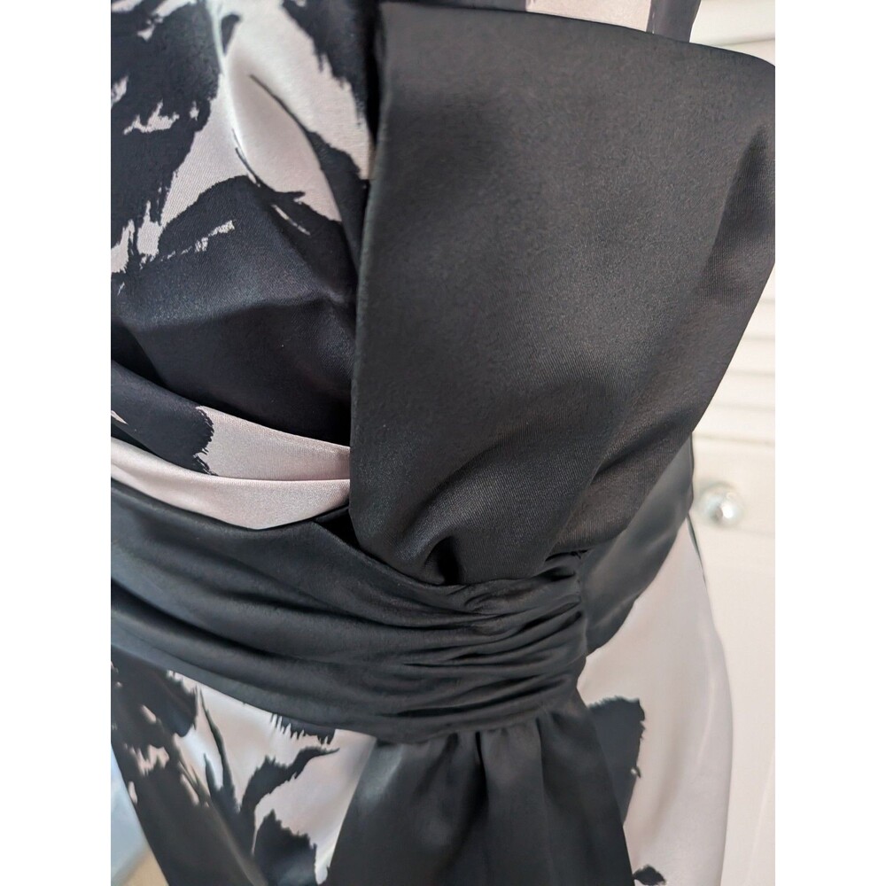 WHBM Dress Womens 12 Beige Black Floral Satin Bow Strapless Formal Cocktail Glam - Picture 3 of 16